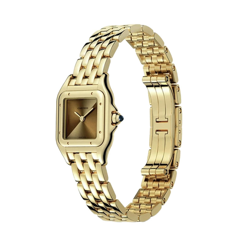Panthère de Cartier Small Model by Cartier—a yellow gold square-faced wristwatch with a linked bracelet, minimalist dial, and no numerals—photographed on a white background, highlighting the iconic elegance of Cartier design.