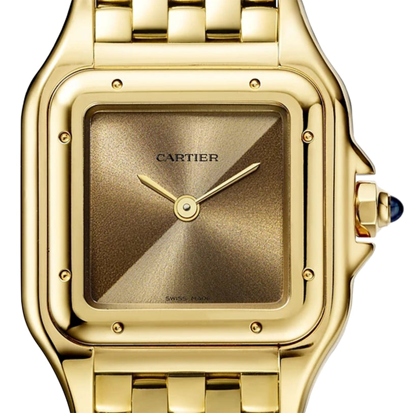 Close-up of the Panthère de Cartier Small Model watch by Cartier, featuring a yellow gold square face, gold dial with no numerals, two hands, metal link bracelet, and a blue sapphire-accented crown.