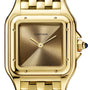 Close-up of the Panthère de Cartier Small Model watch by Cartier, featuring a yellow gold square face, gold dial with no numerals, two hands, metal link bracelet, and a blue sapphire-accented crown.