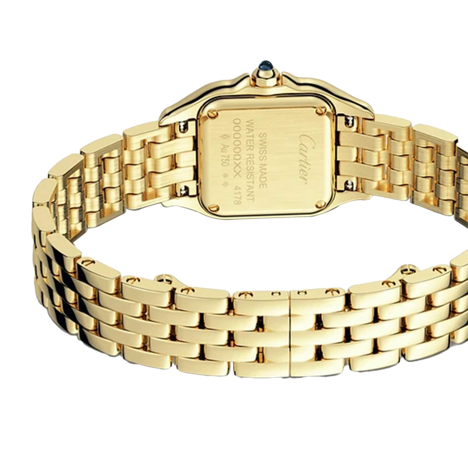 Panthère de Cartier Small Model watch with a linked bracelet, shown from the back, featuring engraved Cartier branding on the case and a blue sapphire cabochon crowning the crown.