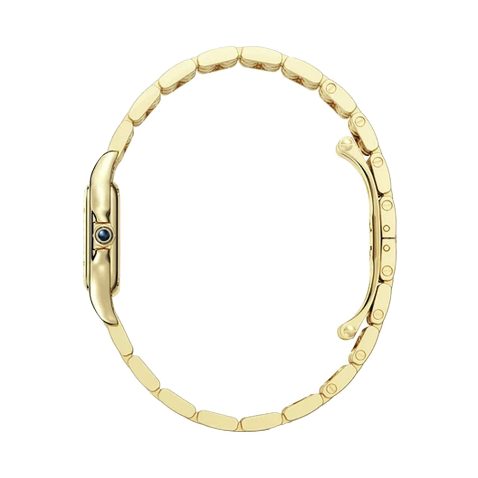 Panthère de Cartier Small Model watch by Cartier, shown from the side to feature its yellow gold curved case, linked bracelet, and a crown set with a blue sapphire.