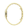 Panthère de Cartier Small Model watch by Cartier, shown from the side to feature its yellow gold curved case, linked bracelet, and a crown set with a blue sapphire.