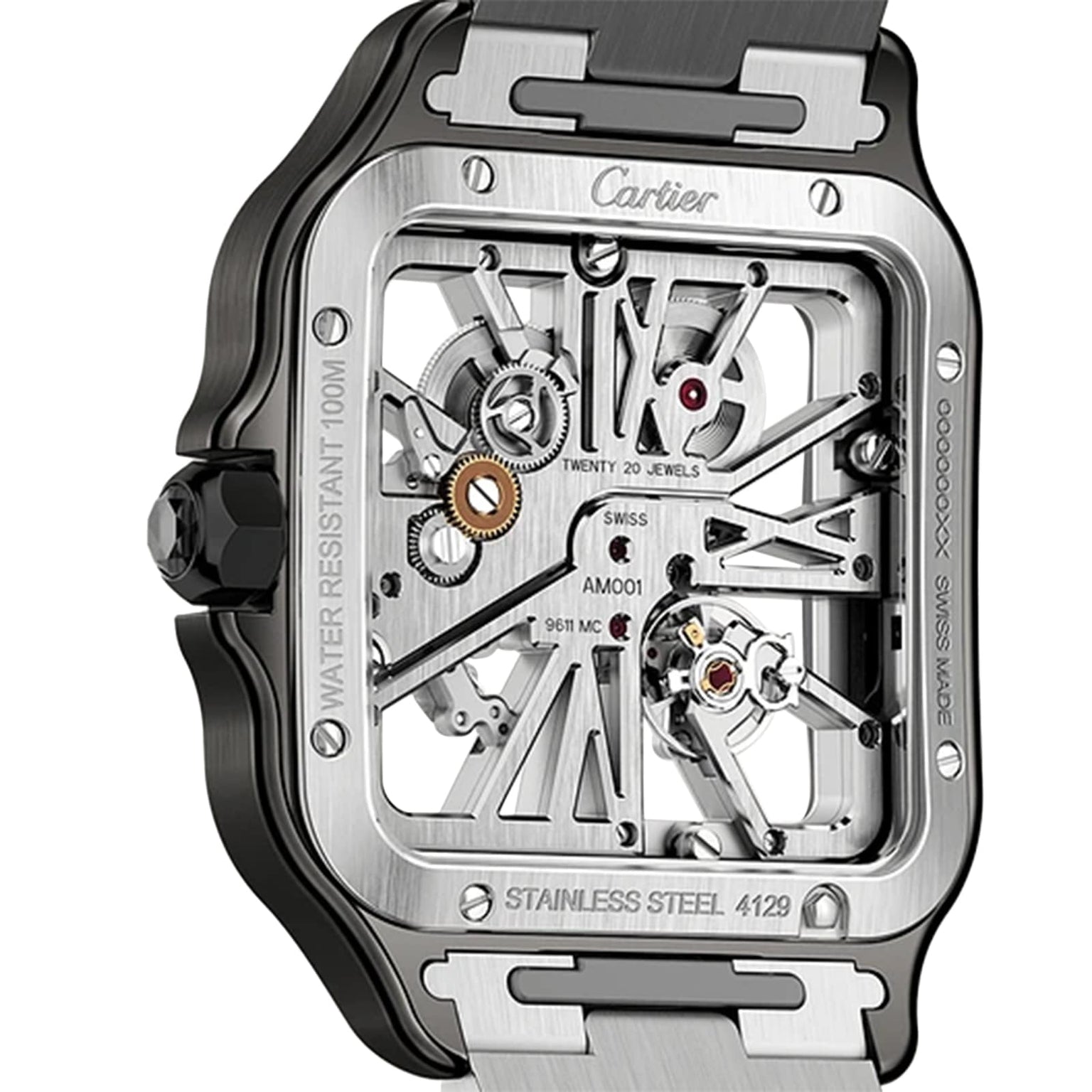 The Santos de Cartier Skeleton wristwatch by Cartier features a square face, skeleton dial with visible gears, and a silver stainless steel case and strap—blending elegance with minimalism.
