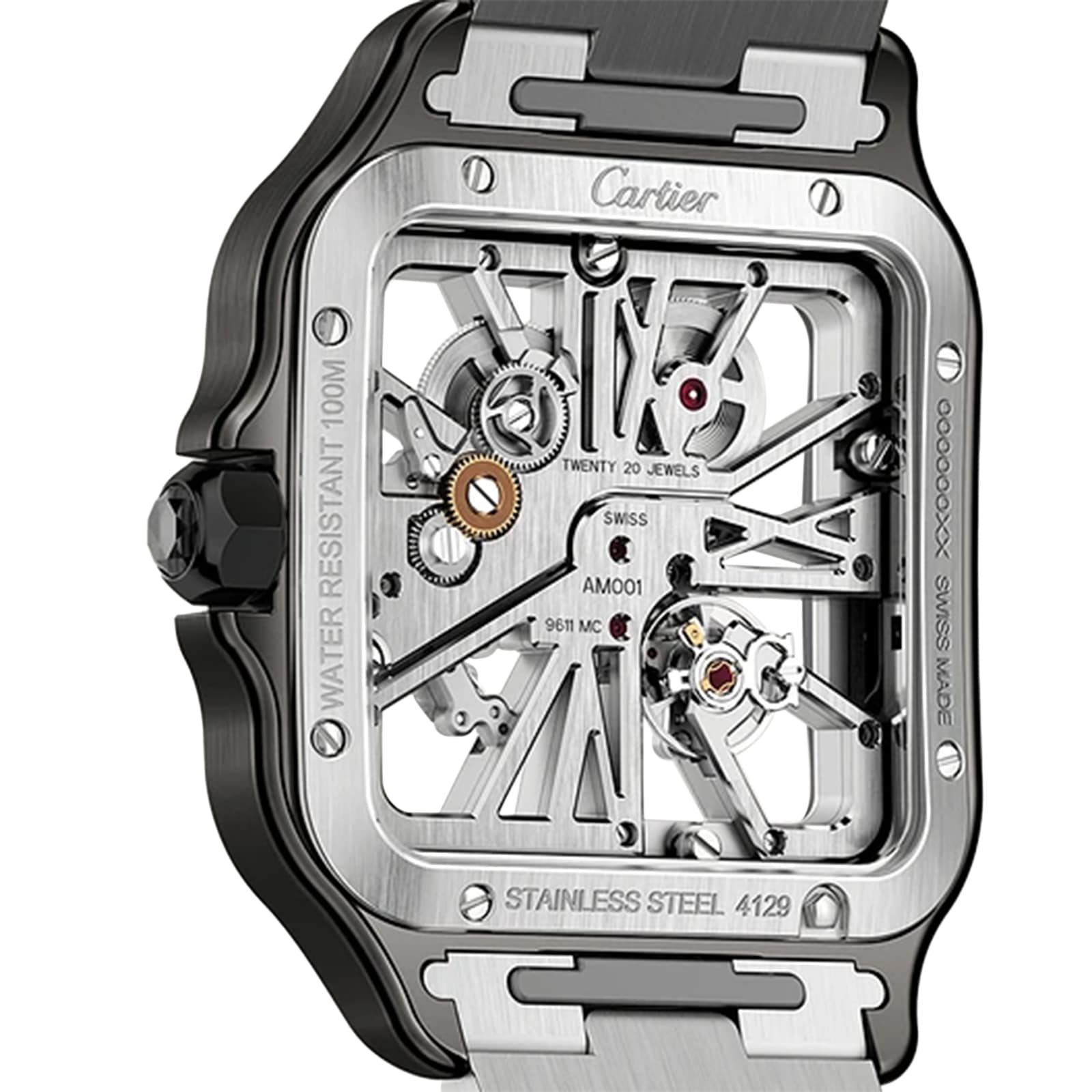 The Santos de Cartier Skeleton wristwatch by Cartier features a square face, skeleton dial with visible gears, and a silver stainless steel case and strap—blending elegance with minimalism.