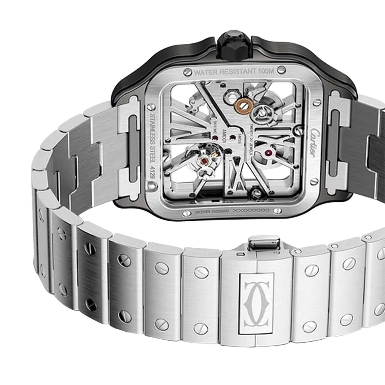 Close-up of the back of the Santos de Cartier Skeleton watch, highlighting its minimalist elegance with exposed mechanical movement and finely engraved Cartier brand and water resistance markings.
