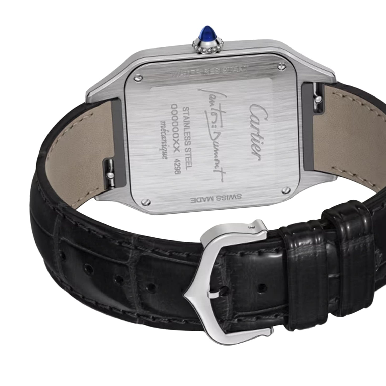 The back of a Pasha de Cartier wristwatch with a black leather strap shows engraved branding and model details on the stainless steel case, embodying Cartier’s signature minimalism.
