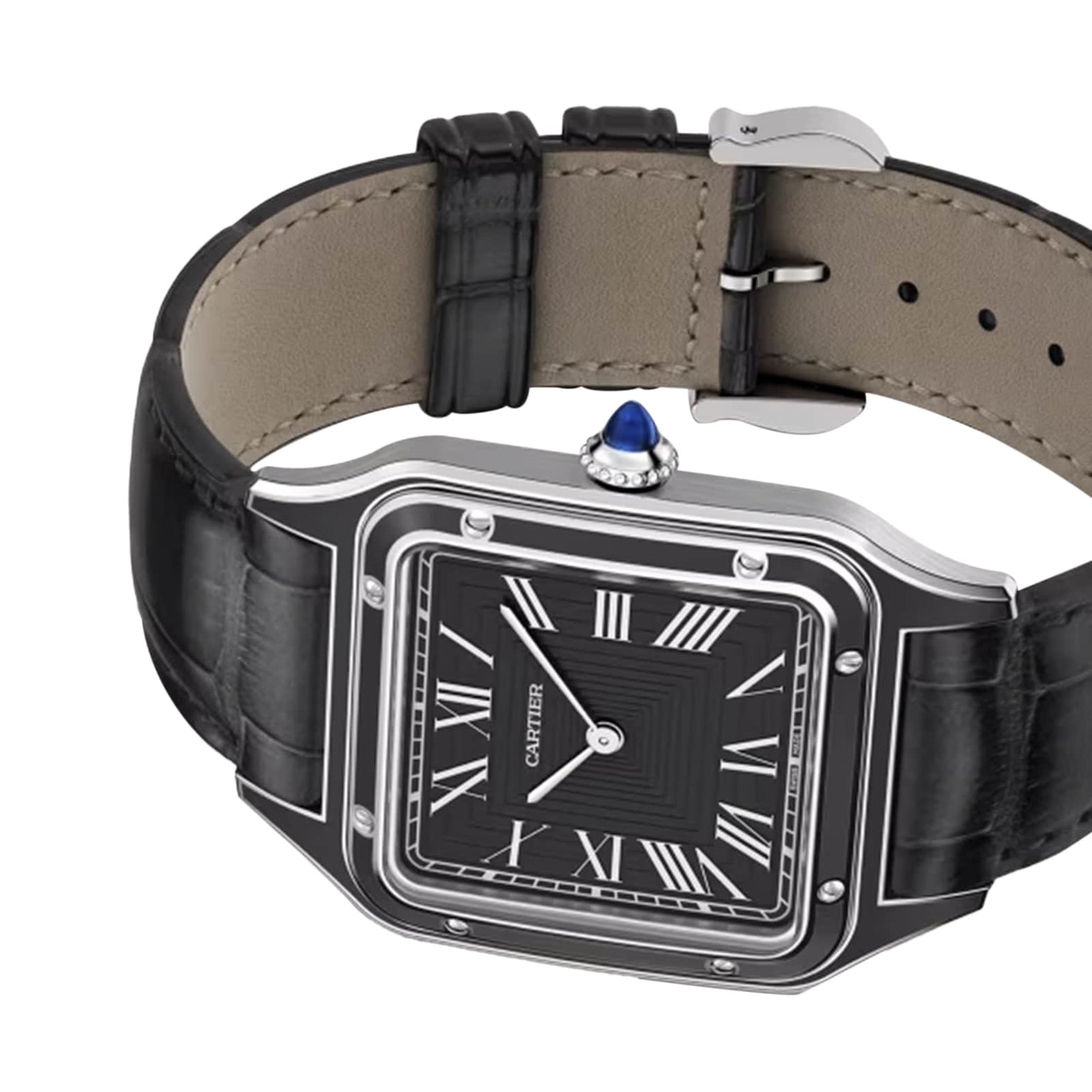The Pasha de Cartier wristwatch by Cartier features a square face, black leather strap, black dial with white Roman numerals, and a blue gem-set crown—a celebration of geometric shapes and timeless elegance.