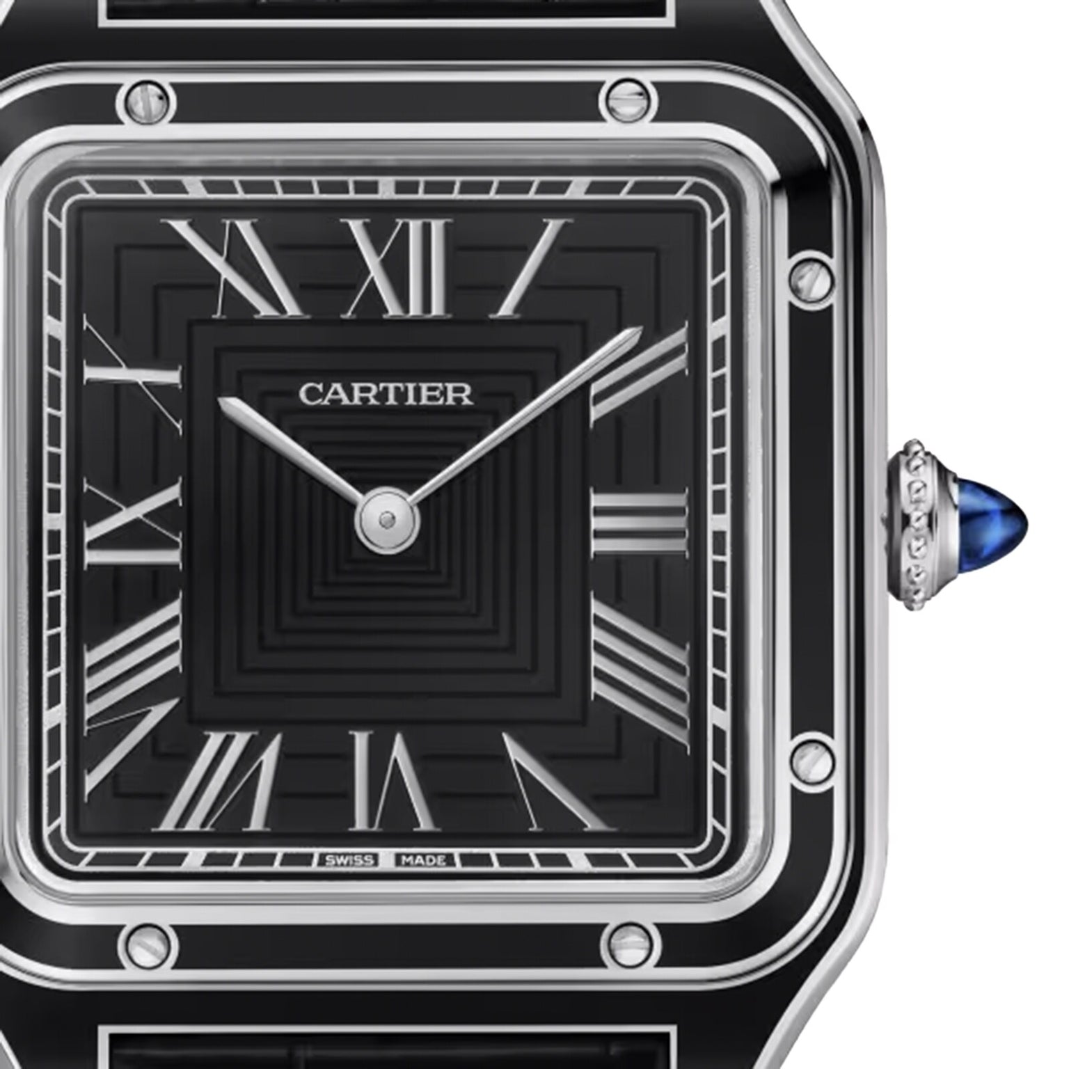 Close-up of a Cartier Pasha de Cartier wristwatch featuring a black square dial, silver Roman numerals, geometric accents, and a blue cabochon crown. The watch hands are set at 10:10.