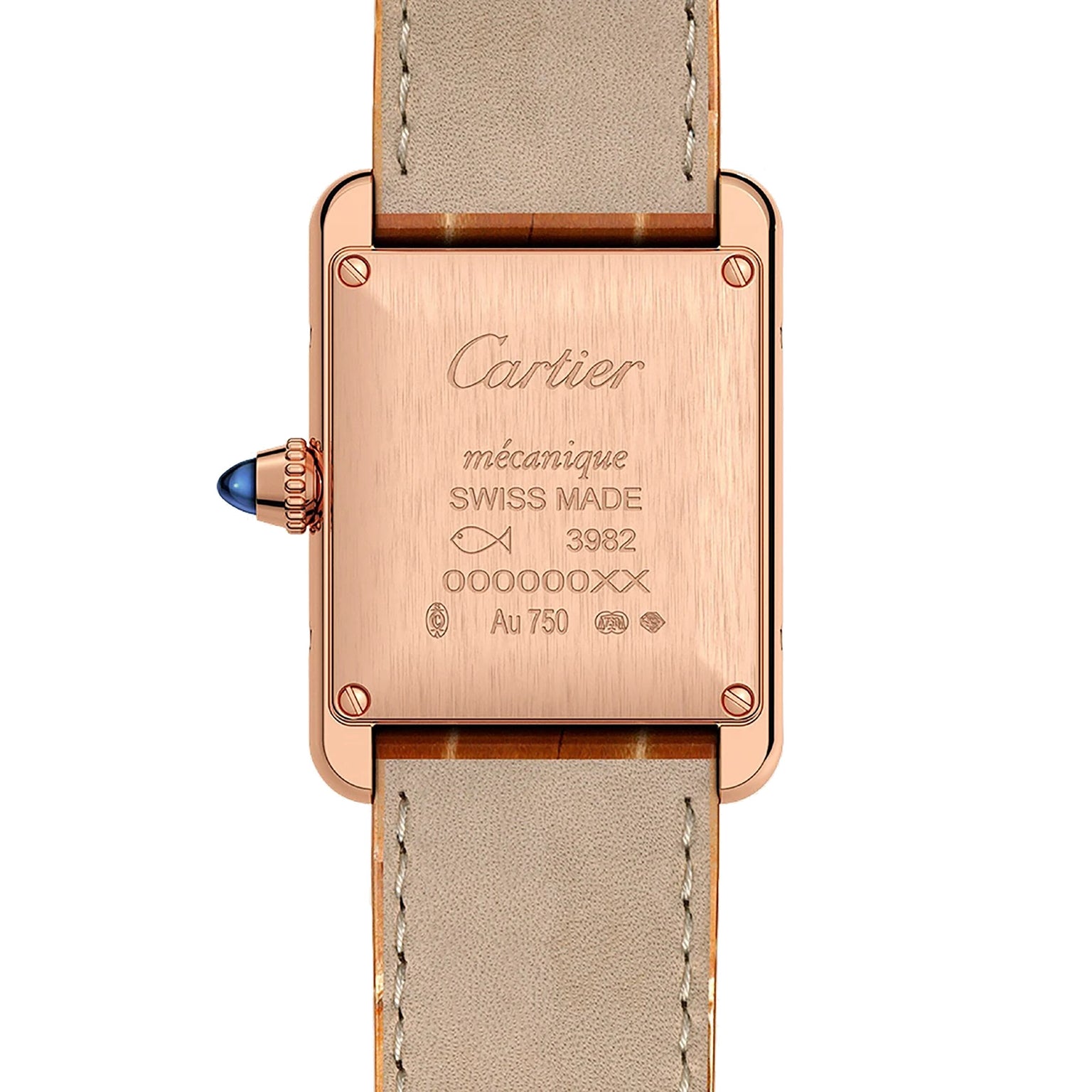 The back of a Tank Louis Cartier watch engraved with the Cartier brand, “mécanique,” “SWISS MADE,” serial numbers, hallmark symbols, and paired with a beige alligator skin strap.