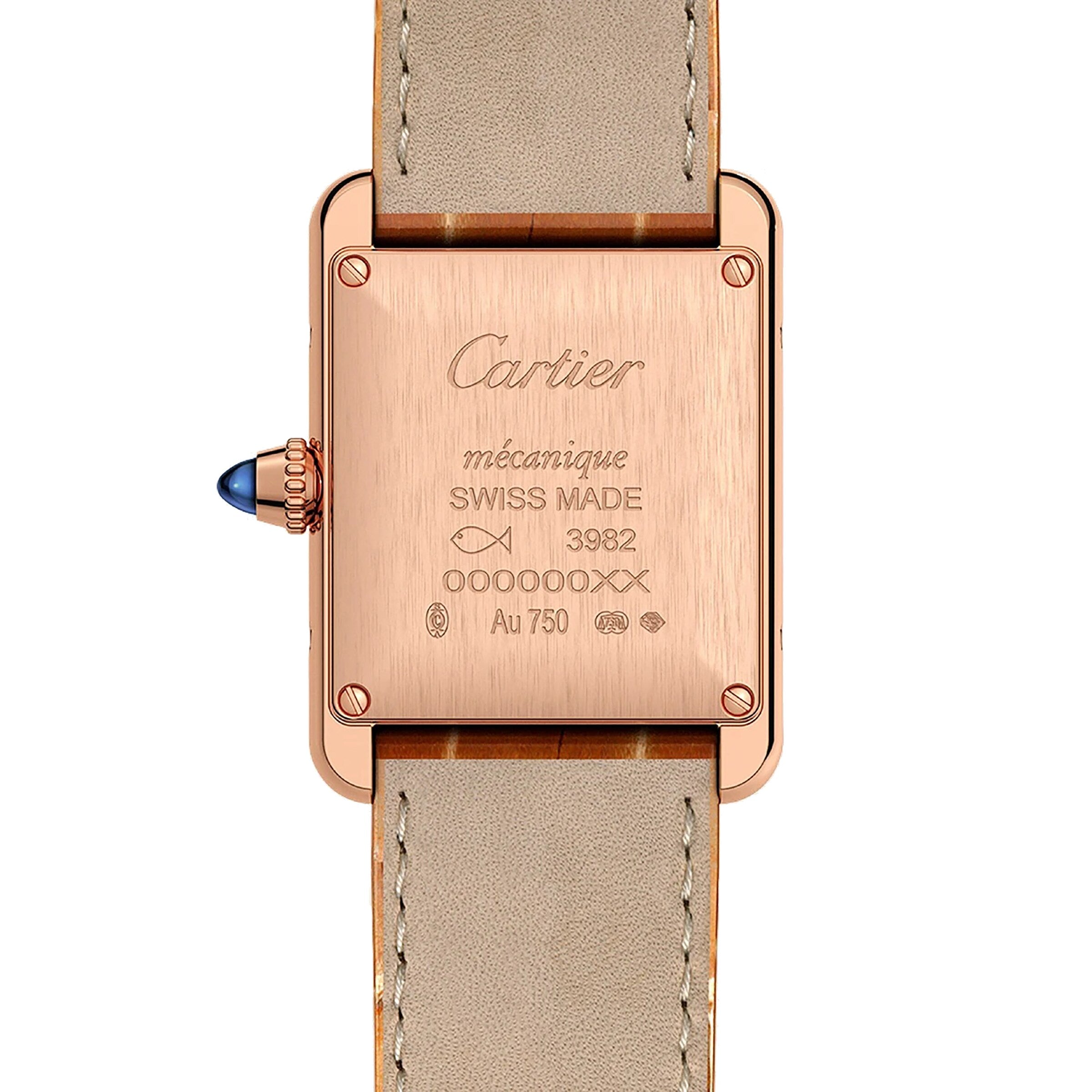 The back of a Tank Louis Cartier watch engraved with the Cartier brand, “mécanique,” “SWISS MADE,” serial numbers, hallmark symbols, and paired with a beige alligator skin strap.
