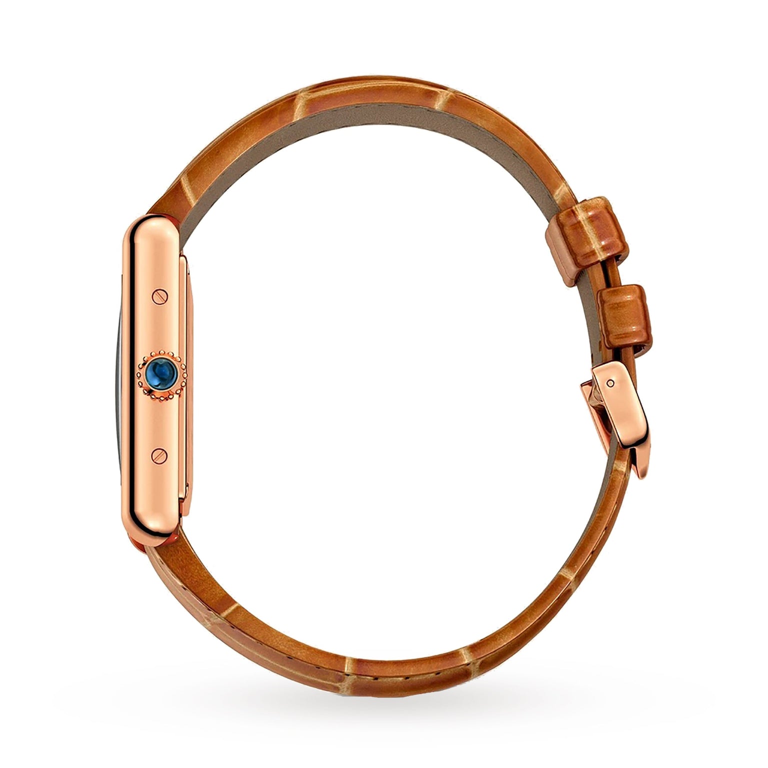 A side view of the Cartier Tank Louis Cartier watch with a rose gold case, alligator leather strap, and a blue stone on the crown.