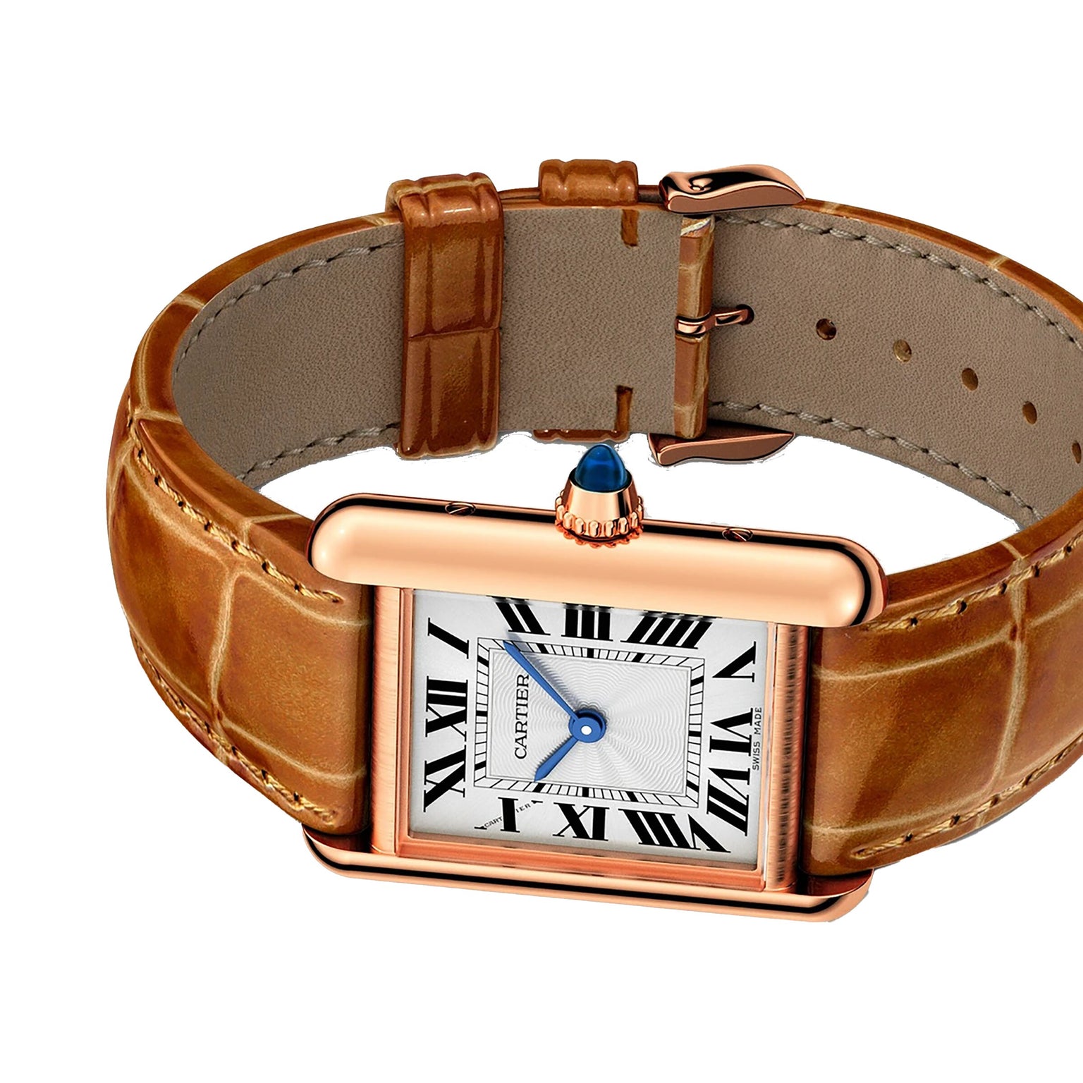 The Cartier Tank Louis Cartier is a rectangular rose gold watch with a brown alligator strap, white dial featuring Roman numerals and blue hands, shown against a white background.