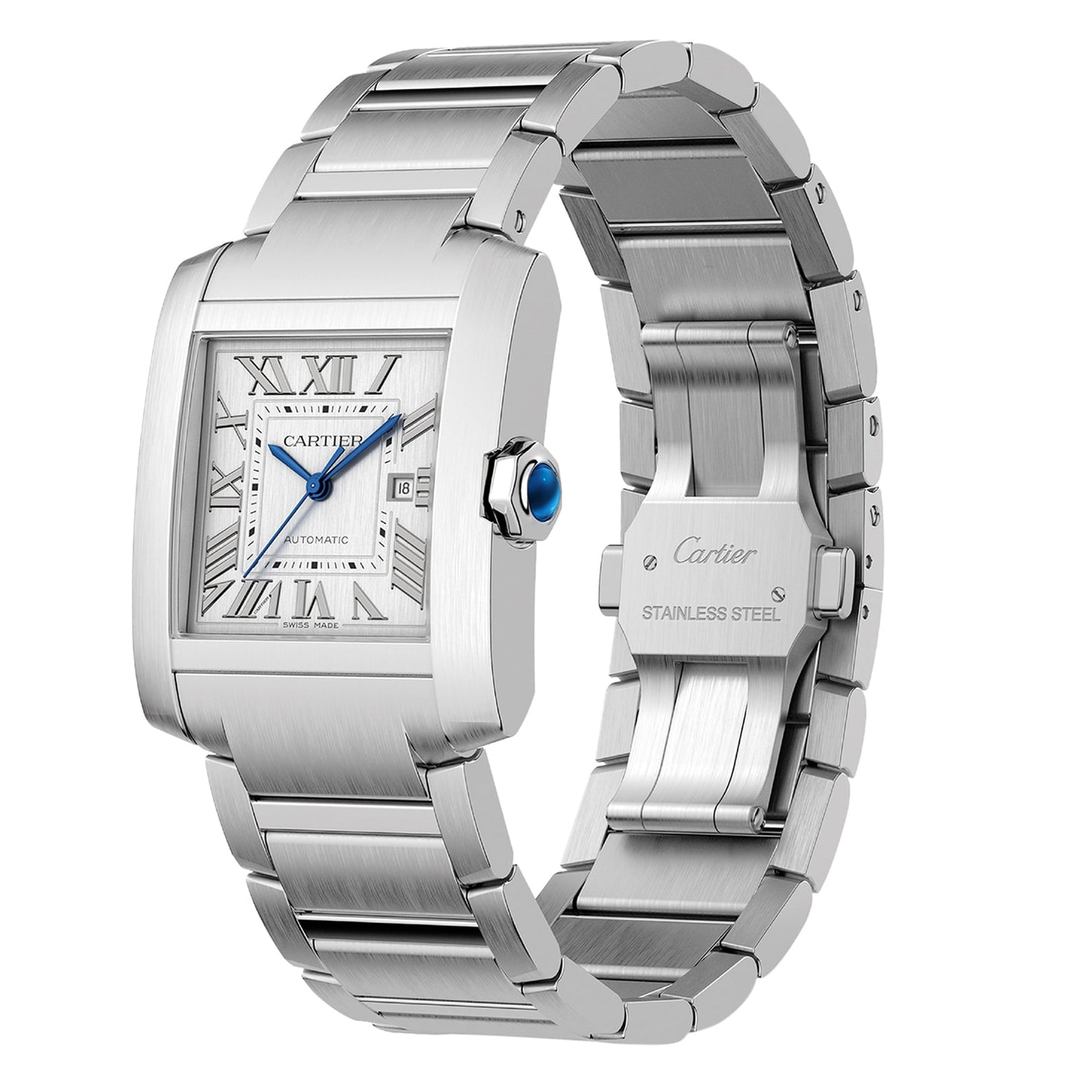 The Cartier Tank Française is a stainless steel watch with a square face, Roman numeral hour markers, and a sleek steel bracelet.