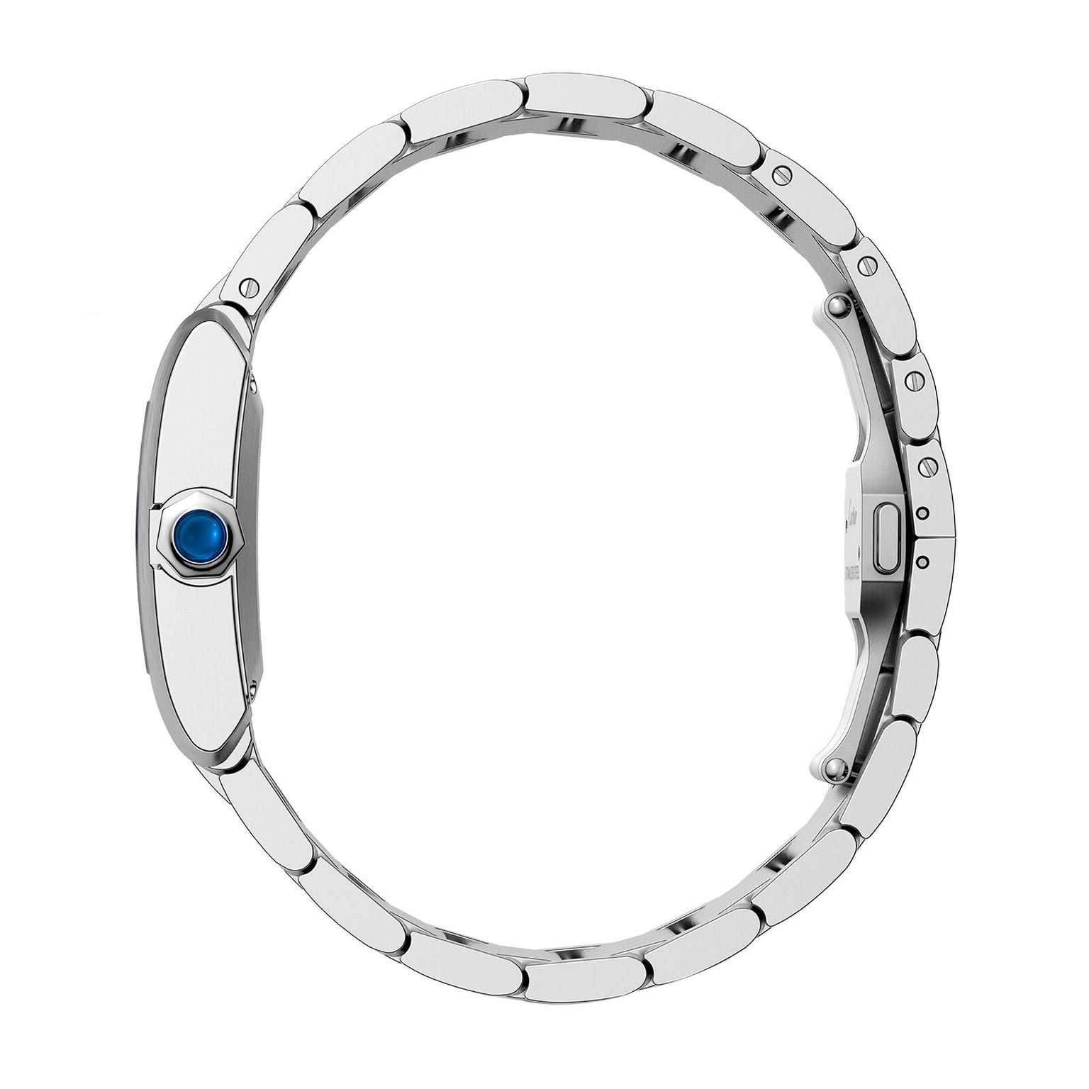 Side view of the Cartier Tank Française watch featuring a blue gemstone on the crown and a sleek steel bracelet, set against a white background.