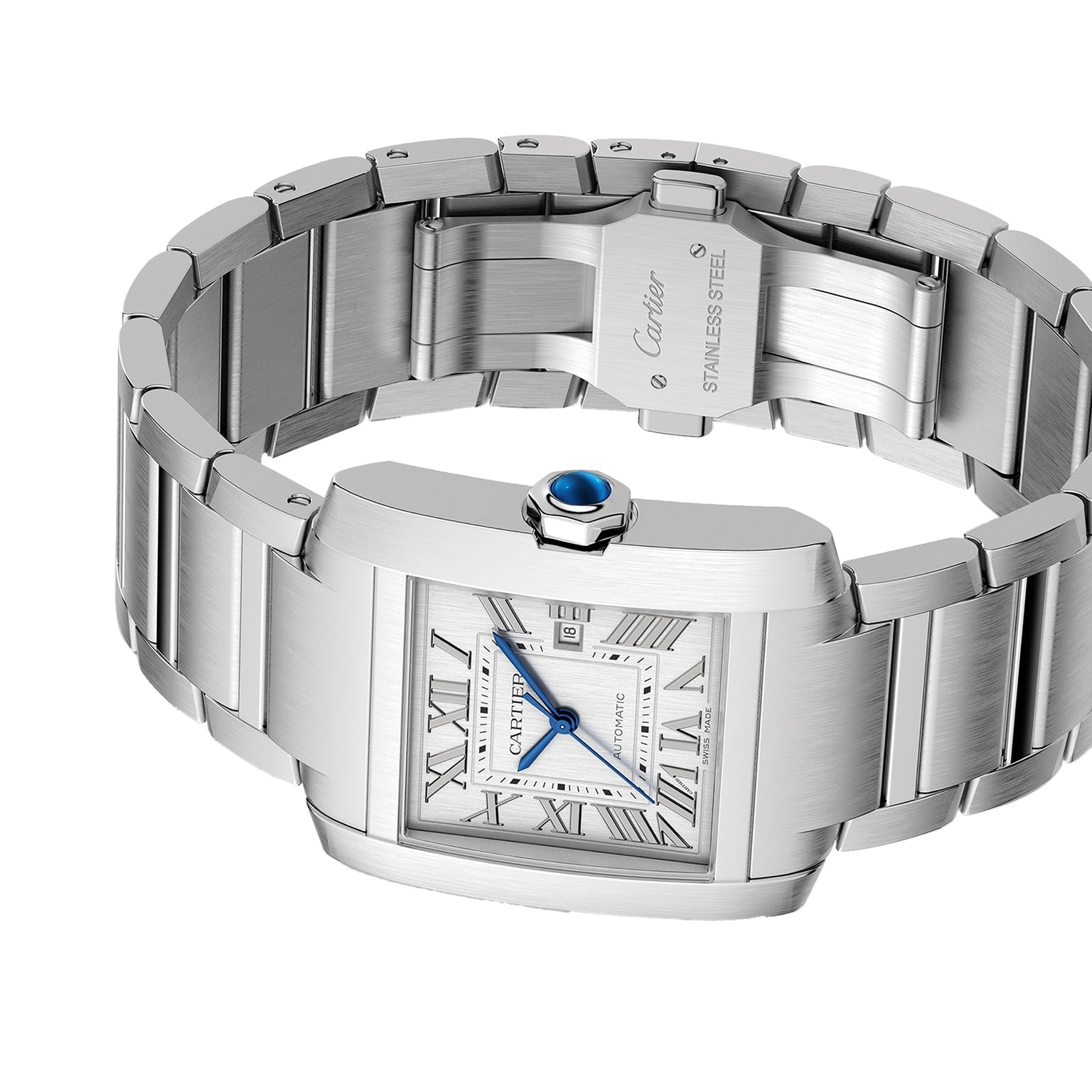 The Cartier Tank Française features a stainless steel case, rectangular face with Roman numerals, date window, blue cabochon crown, and is presented on a sleek steel bracelet.