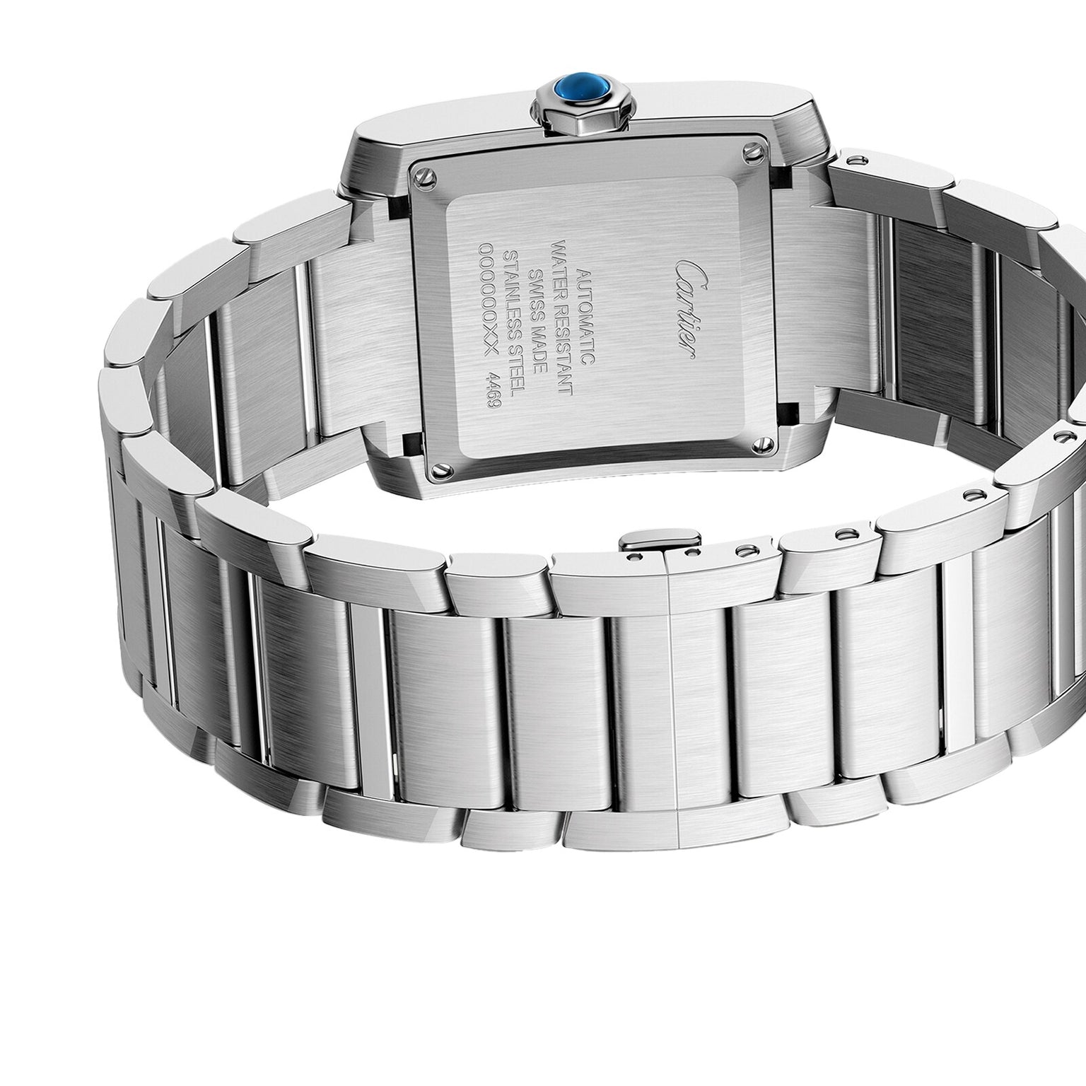 Back view of the Cartier Tank Française watch with stainless steel bracelet, showing engraved caseback details and a blue stone set in the crown.