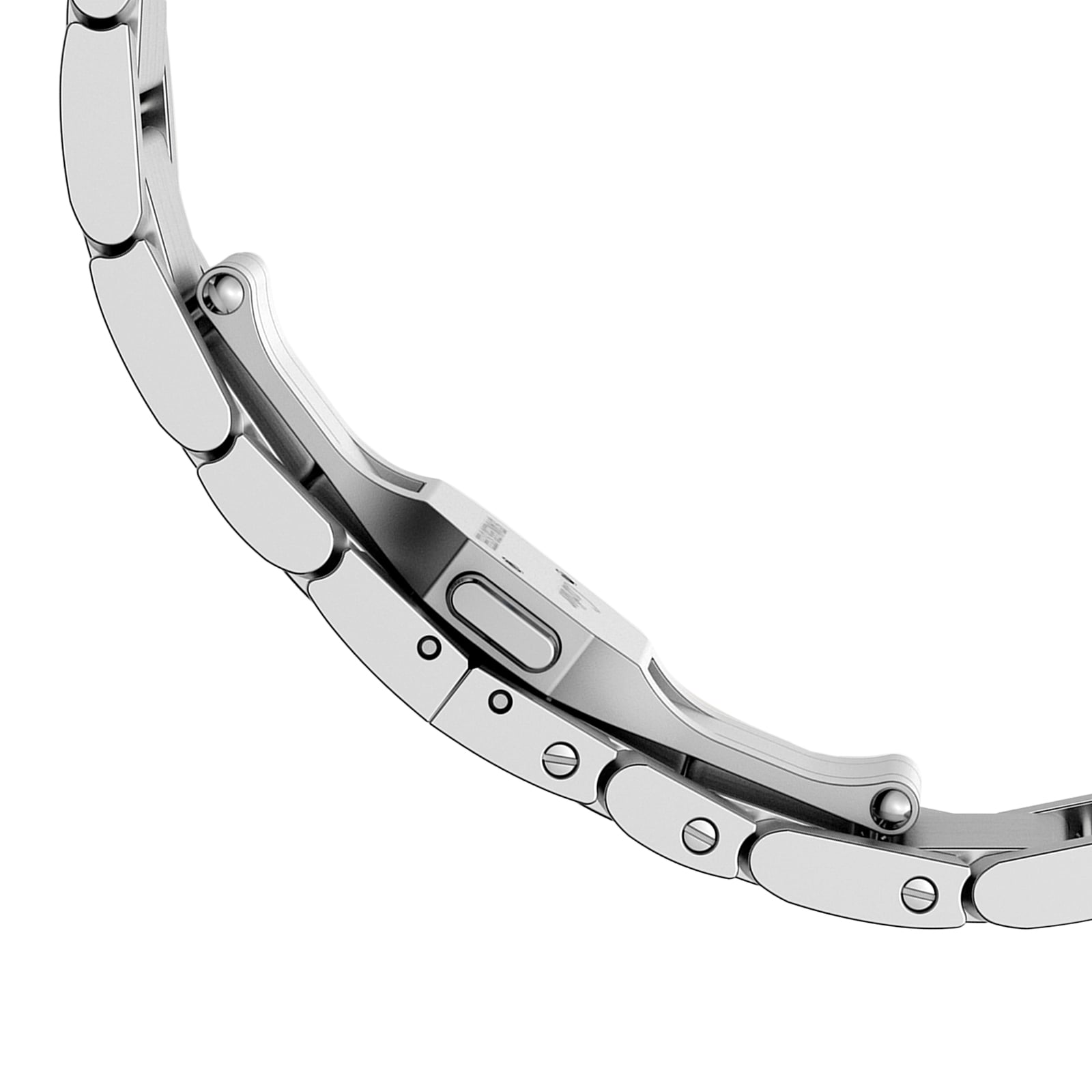 Close-up side view of the Cartier Tank Française, showcasing its stainless steel bracelet with visible screws and links, clasp mechanism, and polished metal finish.