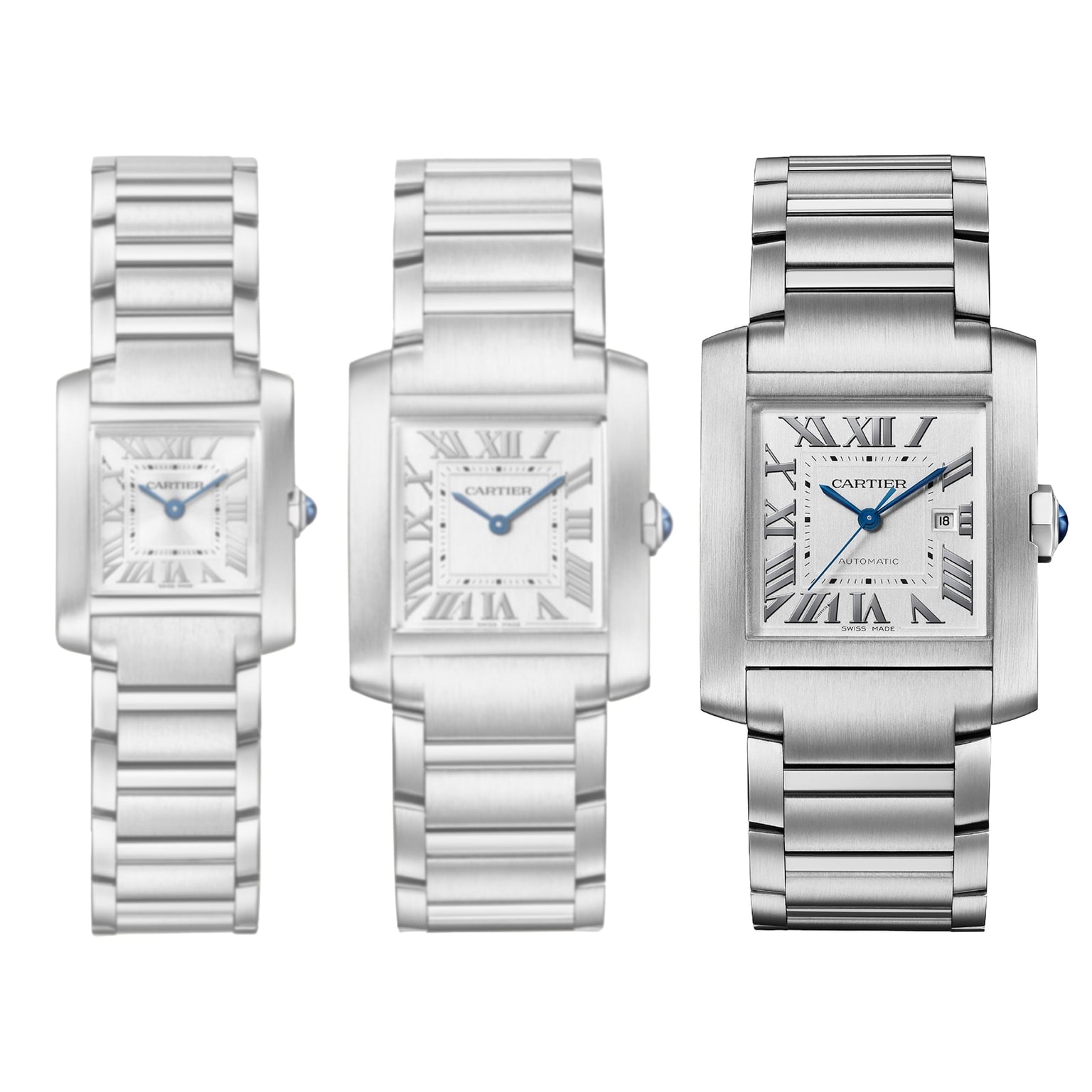 Three Cartier Tank Française watches with silver dials, Roman numerals, and elegant steel bracelets are shown side by side in small, medium, and large sizes.