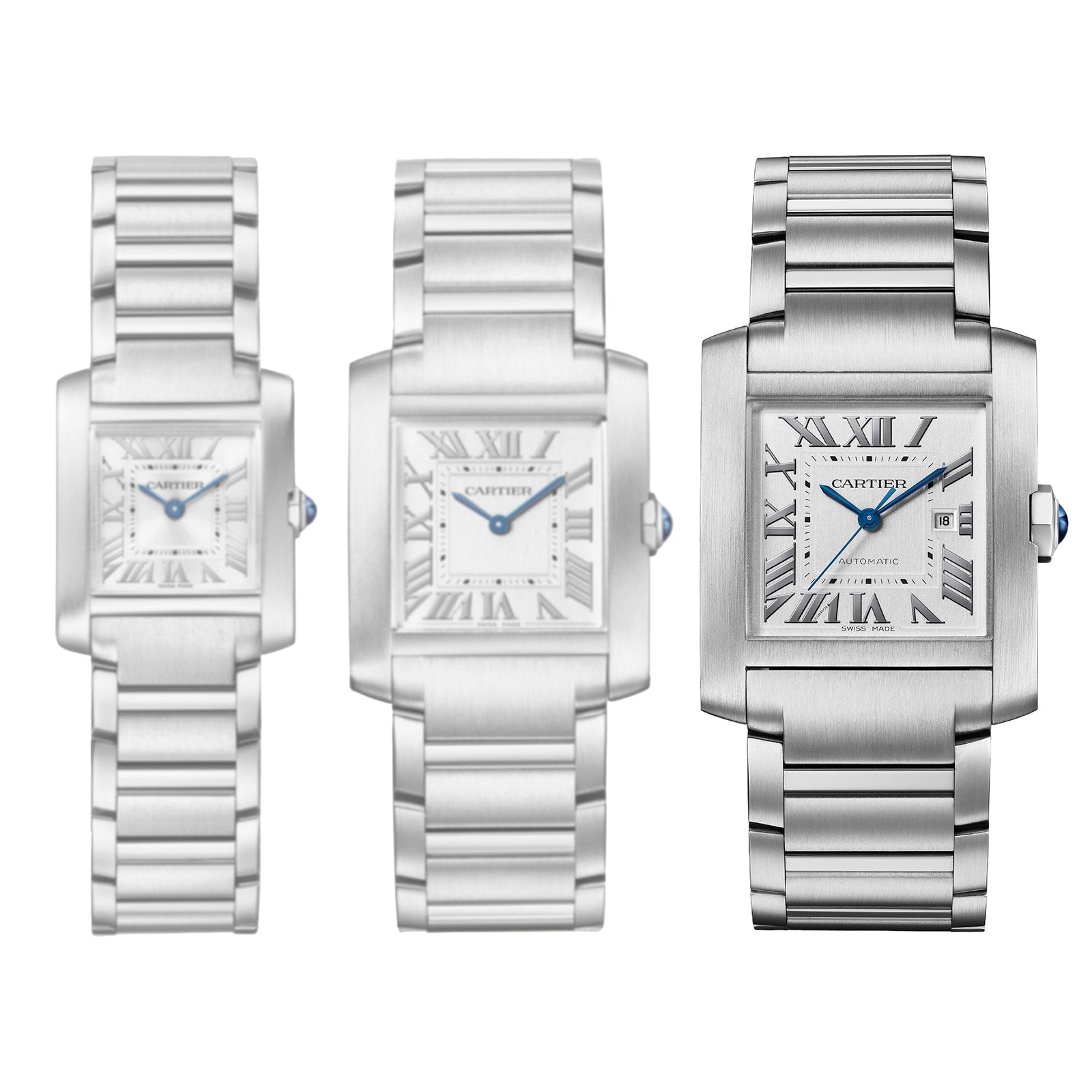 Three Cartier Tank Française watches with silver dials, Roman numerals, and elegant steel bracelets are shown side by side in small, medium, and large sizes.