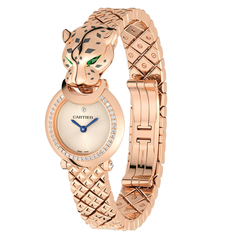 The La Panthère de Cartier watch by Cartier features a rose gold case, diamond bezel, and a panther head design with green gemstone eyes.