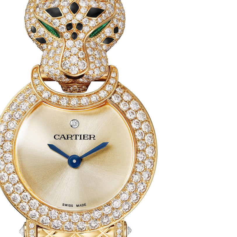 The La Panthère de Cartier watch by Cartier is encrusted with diamonds and features a jeweled panther head above its round face.