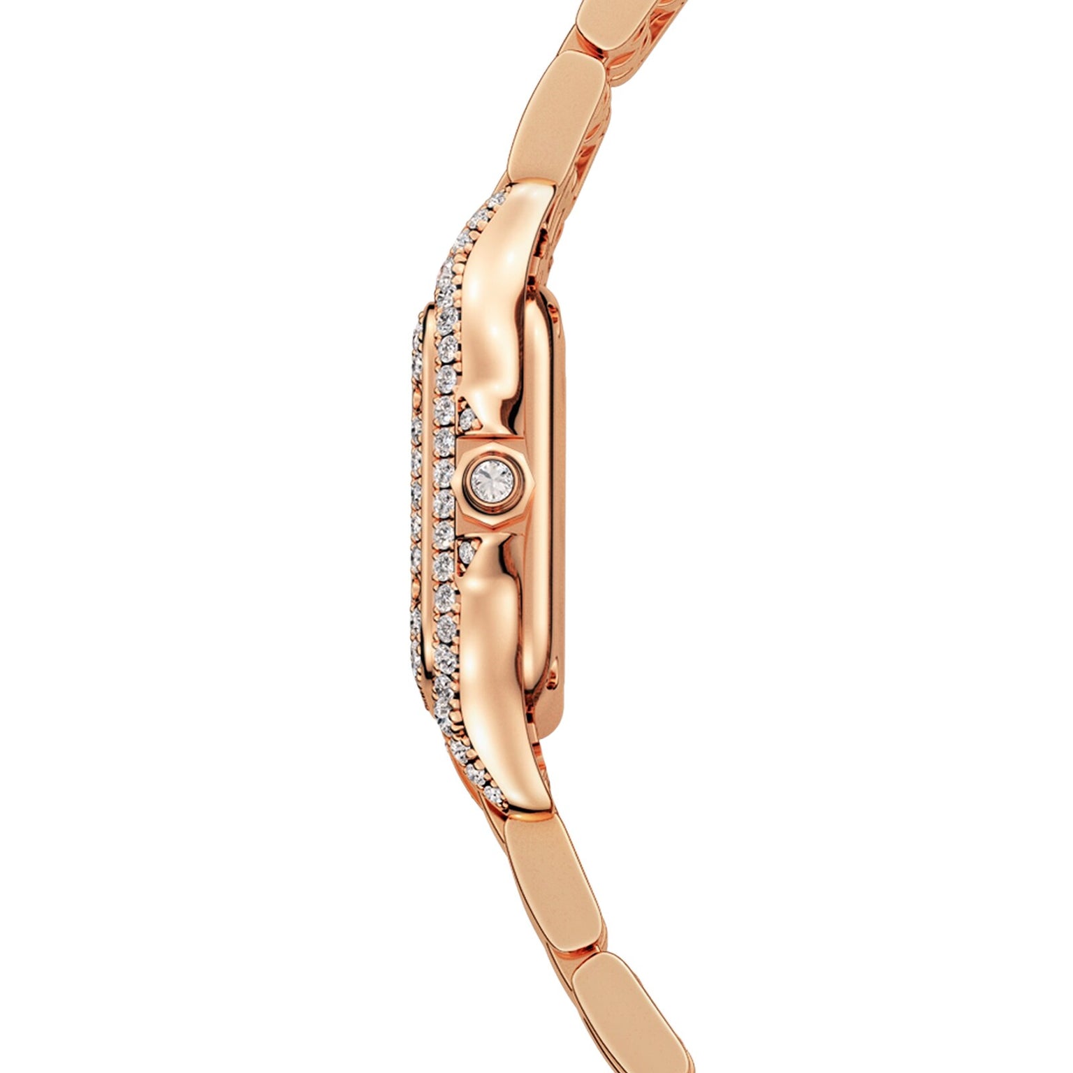 Side view of the Panthère de Cartier by Cartier, a rose gold watch featuring diamond-accented bezel and a matching metal bracelet.