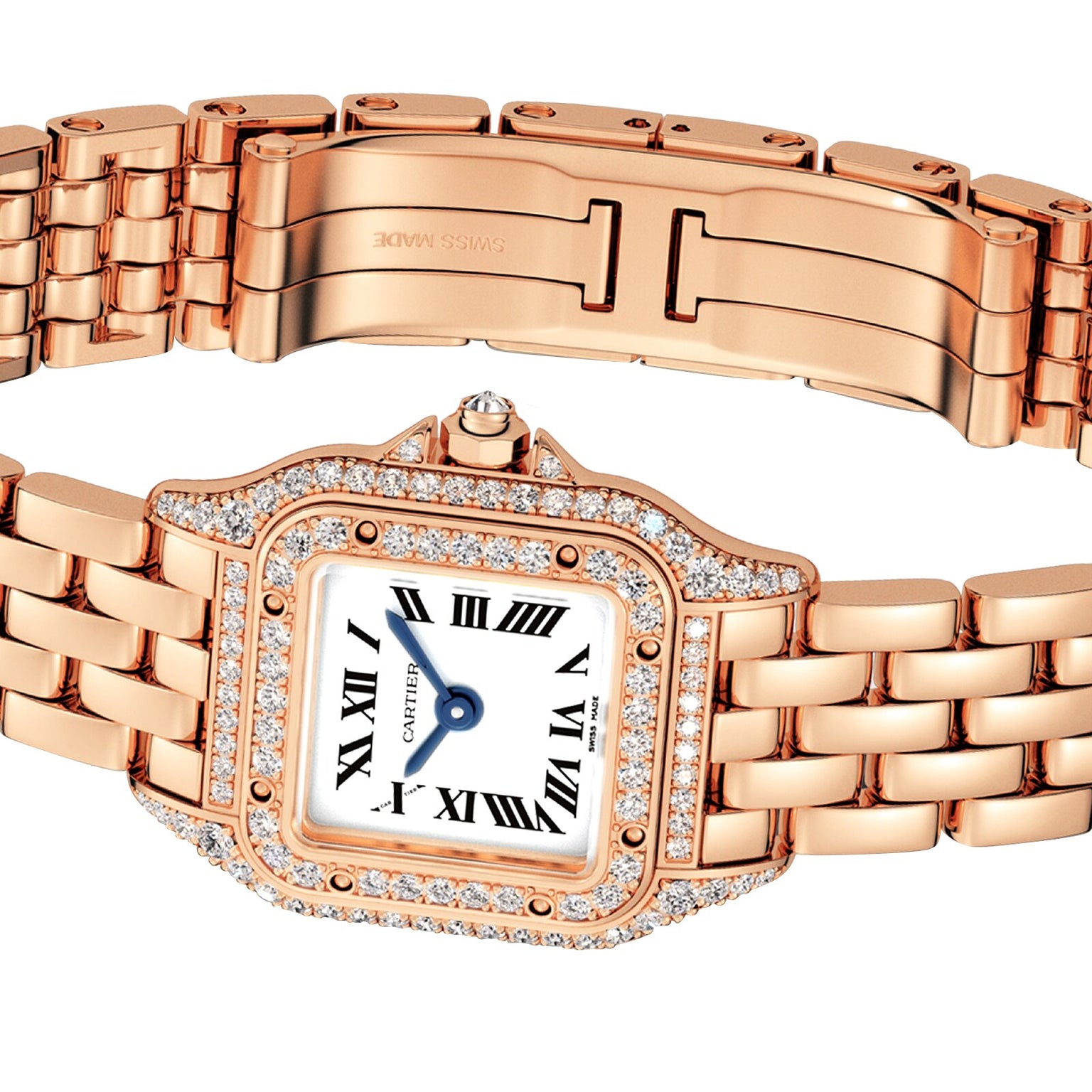 The Panthère de Cartier by Cartier is a rose gold watch featuring a diamond bezel, Roman numerals, and a linked bracelet band.