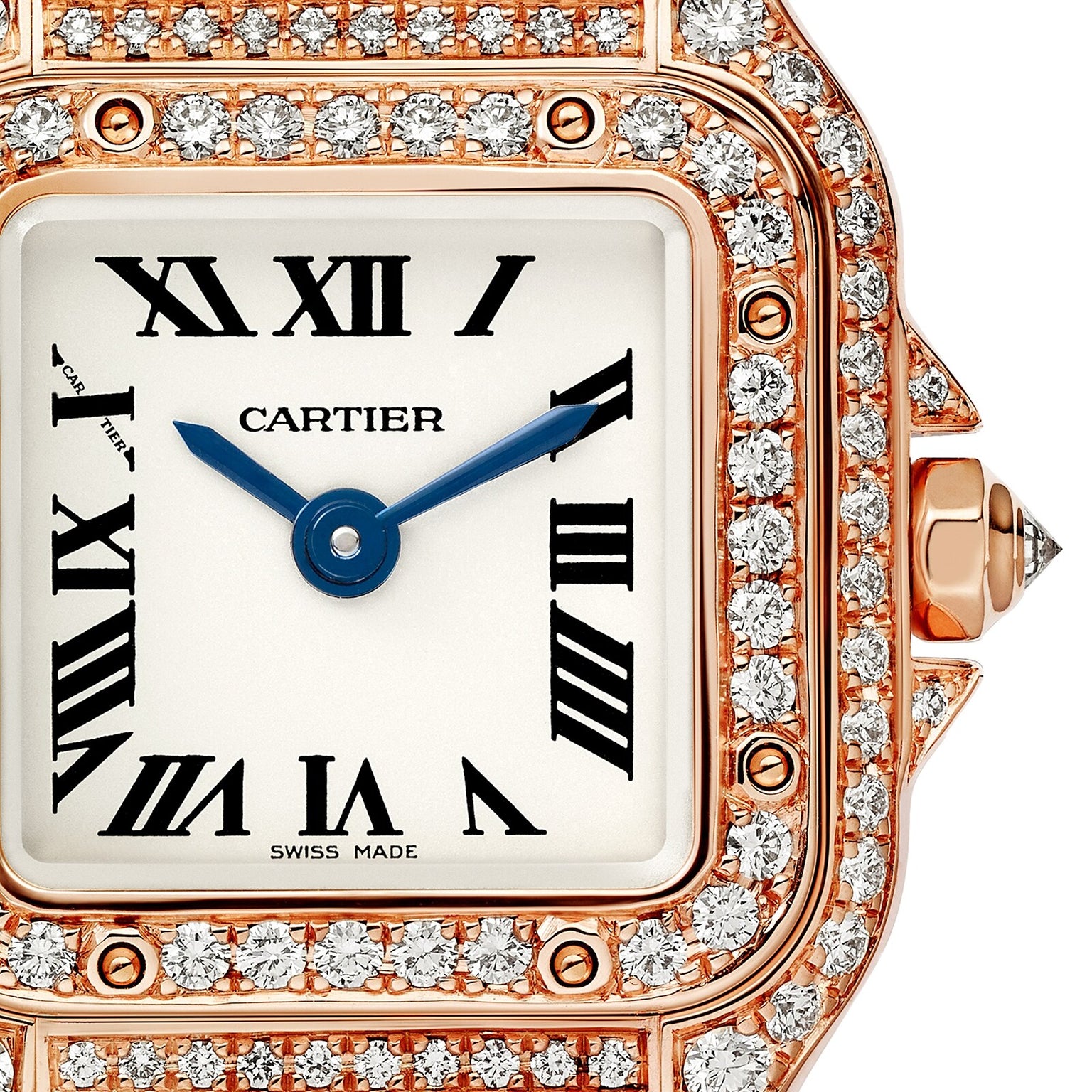 Close-up of the Panthère de Cartier watch by Cartier, featuring Roman numerals, blue hands, and a diamond-encrusted gold bezel.