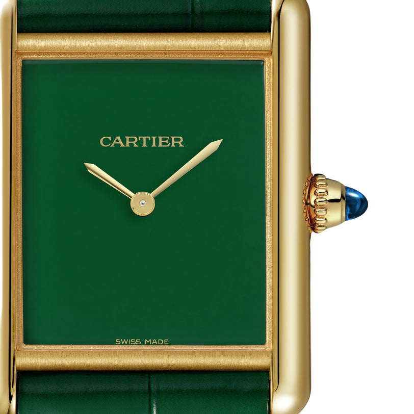The Cartier Tank Louis Cartier features a rectangular 18K yellow gold case, green lacquer-effect dial, gold hands, blue cabochon crown, and CARTIER and SWISS MADE on the face.