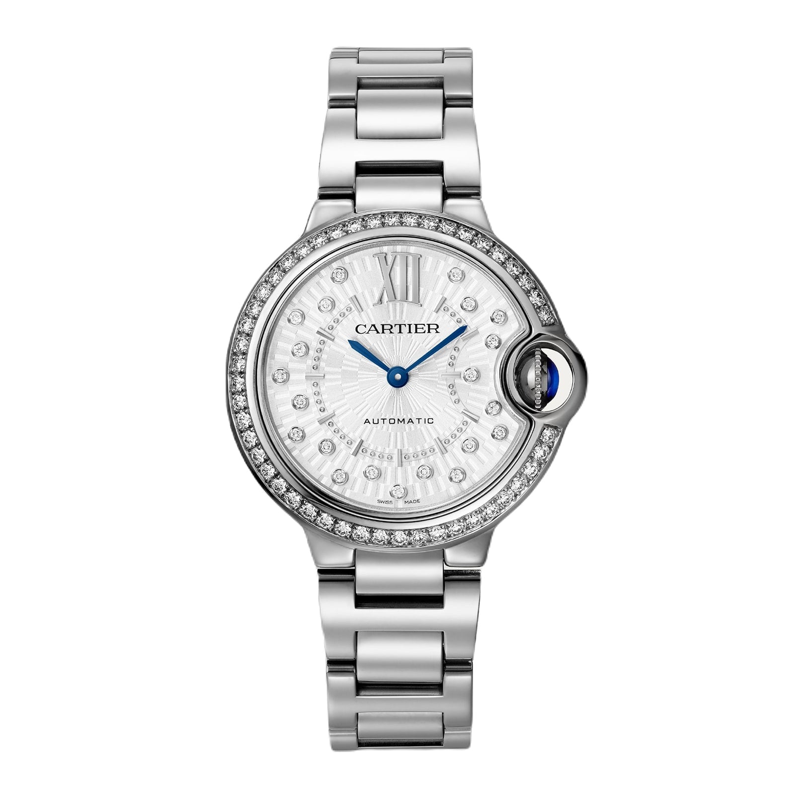 The Cartier Ballon Bleu de Cartier features a round diamond-set bezel, sunray grey dial with Roman numerals, blue hands, and a silver metal link bracelet.