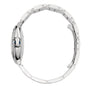 Side view of the Ballon Bleu de Cartier watch by Cartier, showcasing a thin steel interchangeable bracelet, round case, blue crown, diamond-accented bezel, and a sunray grey dial.