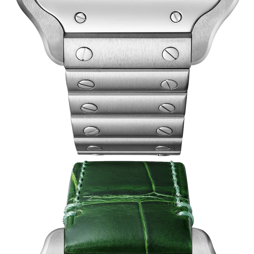 Close-up of a Cartier Santos de Cartier silver metal watch bracelet and a green leather strap, vertically aligned on a white background.