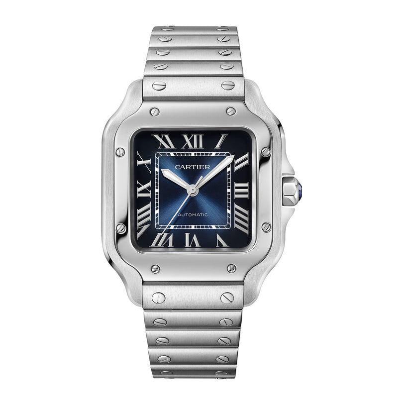The Cartier Santos de Cartier wristwatch features a square steel case, blue dial with Roman numeral markers, and a stainless steel link bracelet.