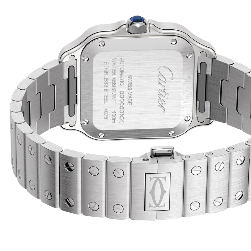 Back view of the Cartier Santos de Cartier wristwatch, featuring an engraved stainless steel case back, square steel case, bracelet with screw accents, and Cartier logo on the clasp.