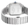 Back view of the Cartier Santos de Cartier wristwatch, featuring an engraved stainless steel case back, square steel case, bracelet with screw accents, and Cartier logo on the clasp.