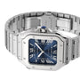The Cartier Santos de Cartier wristwatch features a square steel case, blue Roman numeral dial, silver bezel, and metal bracelet—honoring aviator Alberto Santos-Dumont.