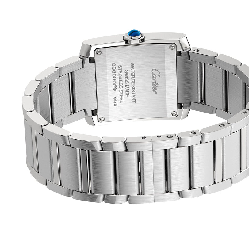 Back view of the Cartier Tank Française, showcasing its engraved stainless steel case back with details on water resistance, material, and serial number.