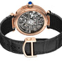 The Pasha de Cartier by Cartier is a gold luxury watch featuring a black leather strap and a visible skeleton back that displays its intricate internal gears.