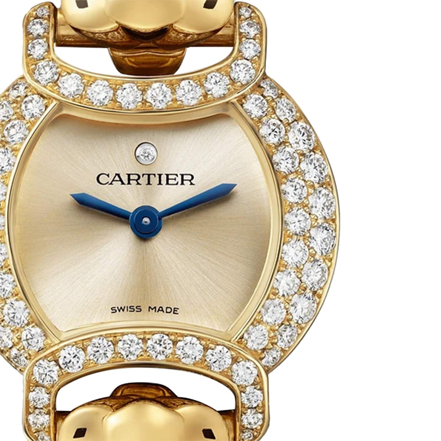 Close-up of a yellow gold La Panthère de Cartier wristwatch by Cartier, featuring a diamond-encrusted bezel with brilliant-cut diamonds, gold face, blue hands, and the Cartier brand name at the center.