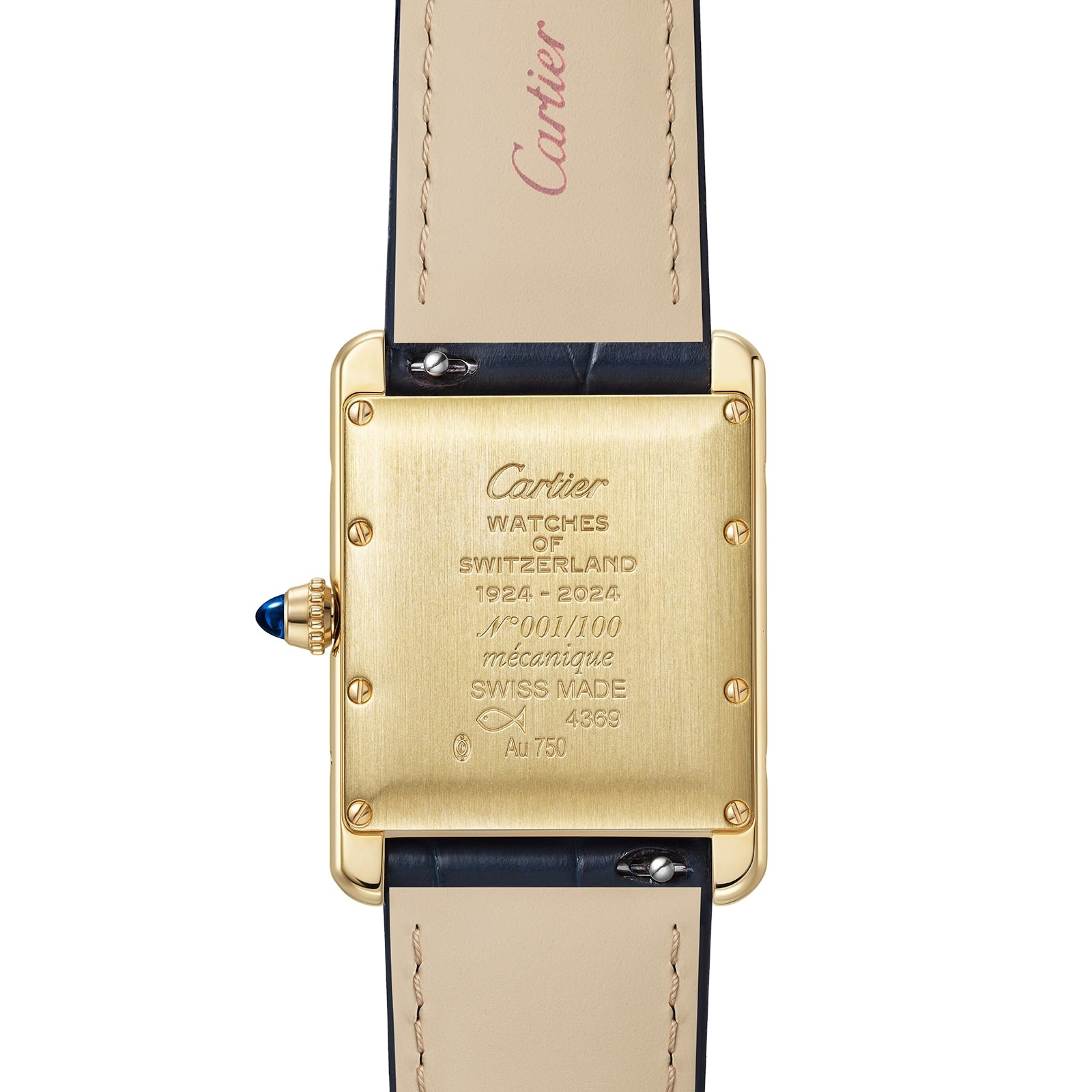Close-up of the back of a Cartier Tank Américaine wristwatch with a gold Art Deco case featuring engraved markings and a blue gemstone on the crown, paired with beige leather straps.