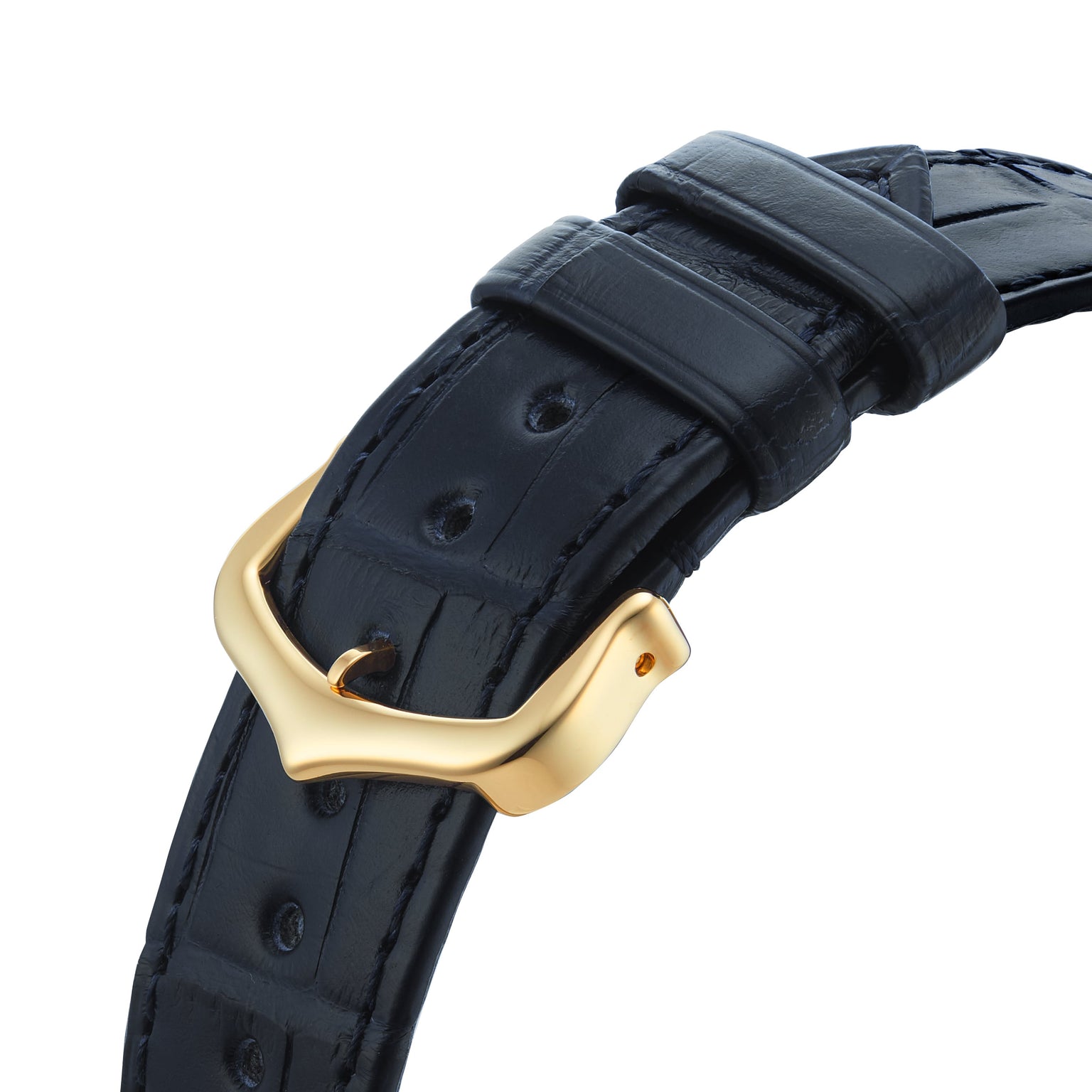 Close-up of a black leather Tank Américaine watch strap by Cartier with a gold buckle, showcasing textured detailing and precise stitching.