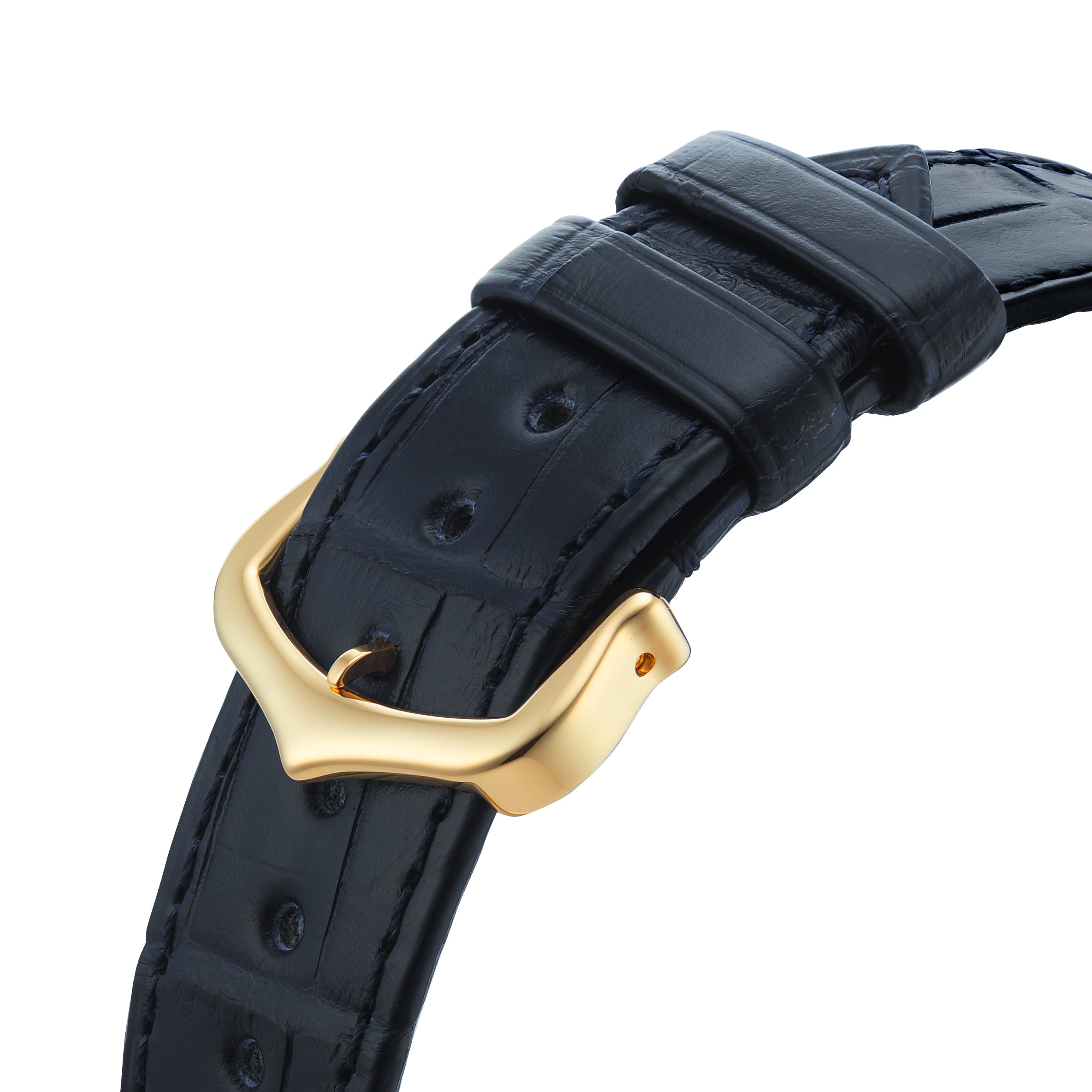Close-up of a black leather Tank Américaine watch strap by Cartier with a gold buckle, showcasing textured detailing and precise stitching.