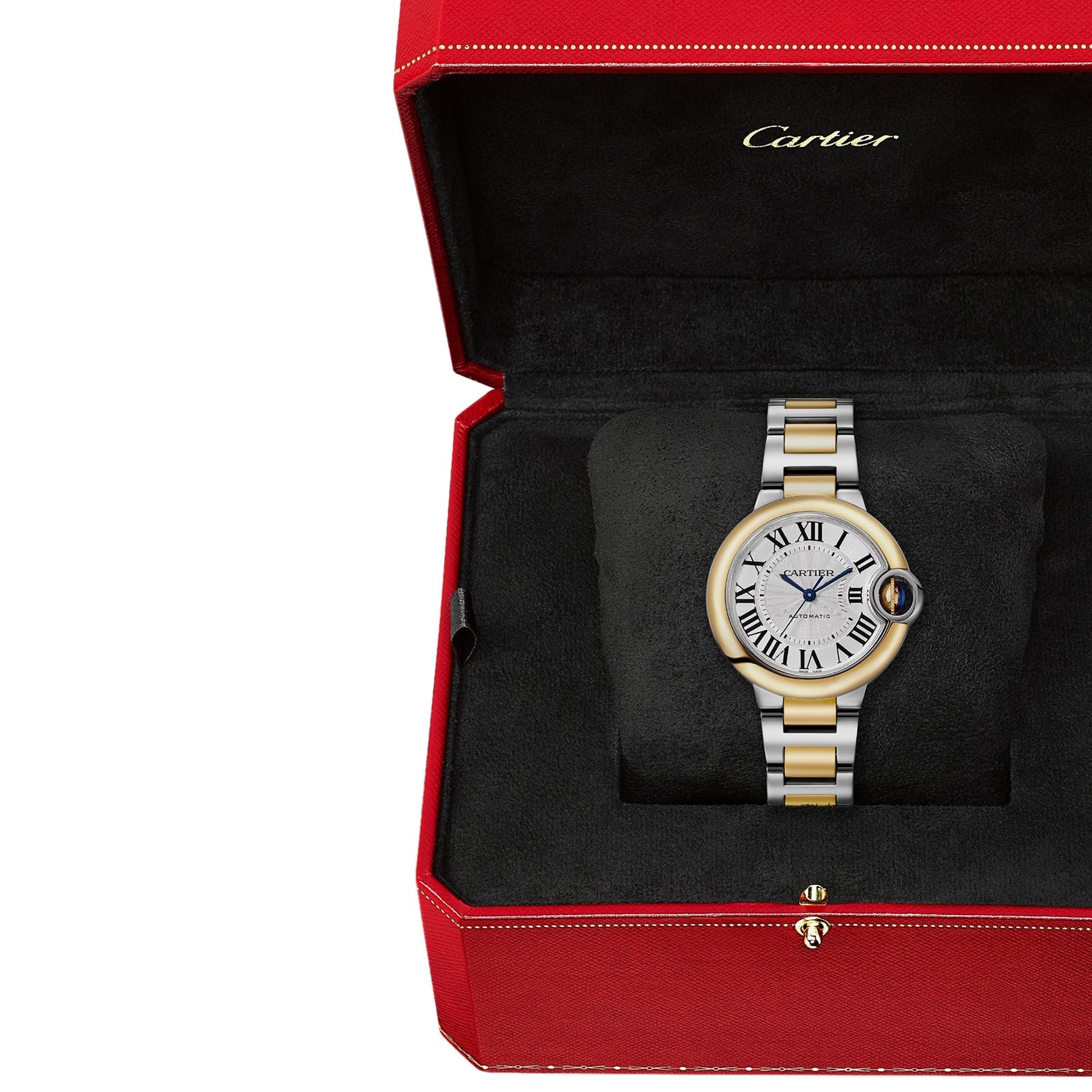 The Ballon Bleu de Cartier by Cartier in a red Cartier box with a black lining and cushion