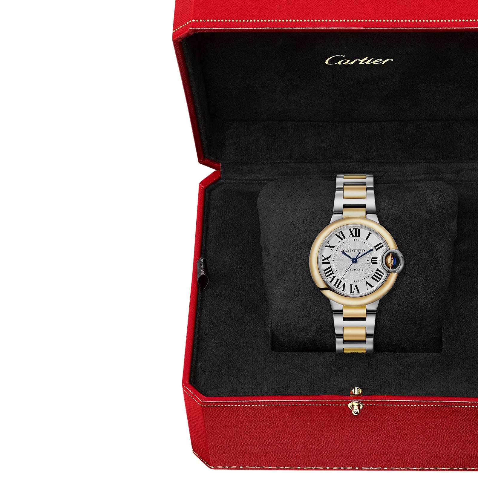 The Ballon Bleu de Cartier by Cartier in a red Cartier box with a black lining and cushion