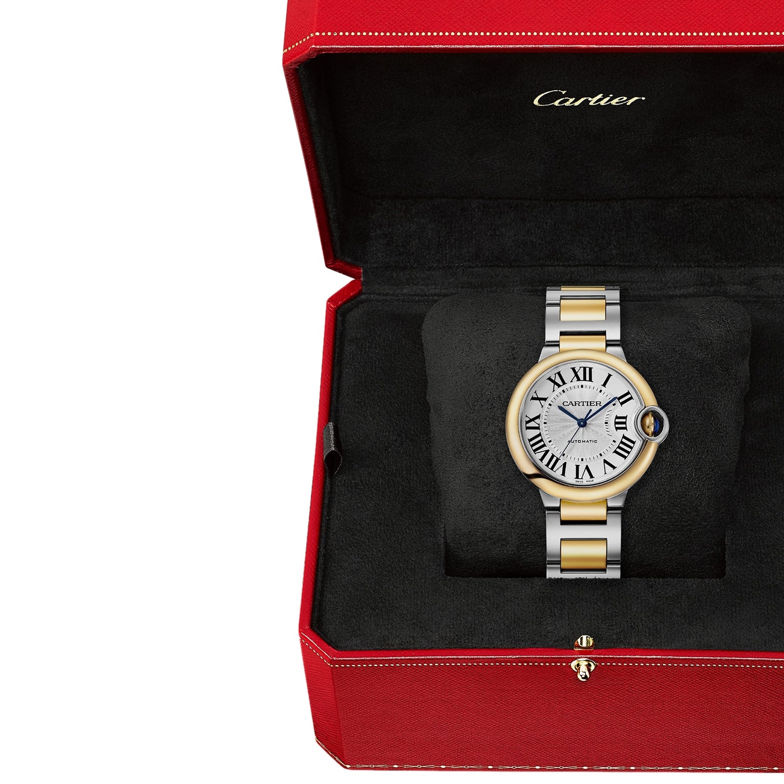 The Ballon Bleu de Cartier watch by Cartier features a gold and silver band and comes in a red Cartier box with a black interior.