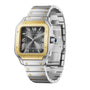 The Santos de Cartier watch by Cartier features a two-tone design, square face, Roman numerals, date display, and a metal bracelet with gold screws—offering timeless elegance and minimalist style.