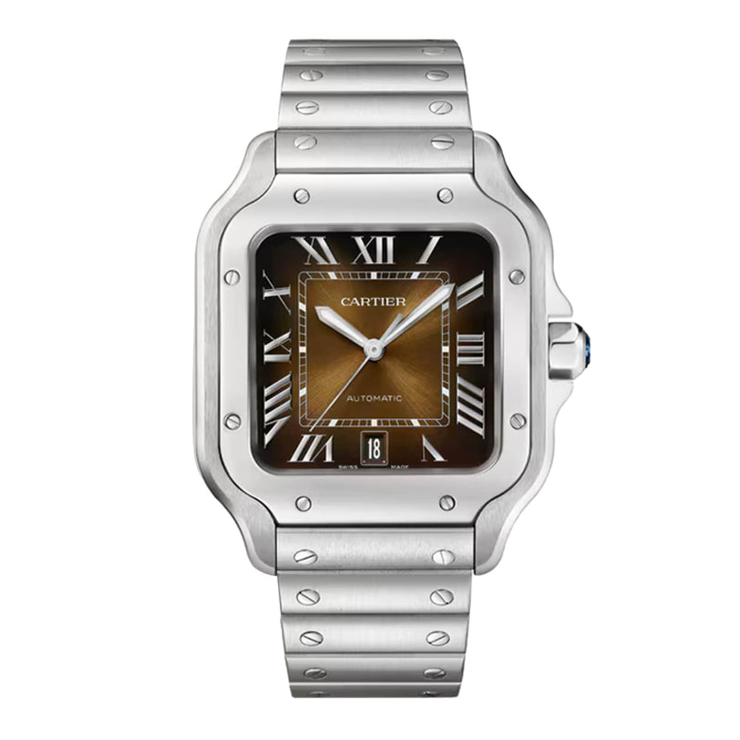 The Cartier Santos de Cartier wristwatch features a stainless steel case, square brown dial with Roman numerals, date window, and metal bracelet—capturing timeless minimalism.