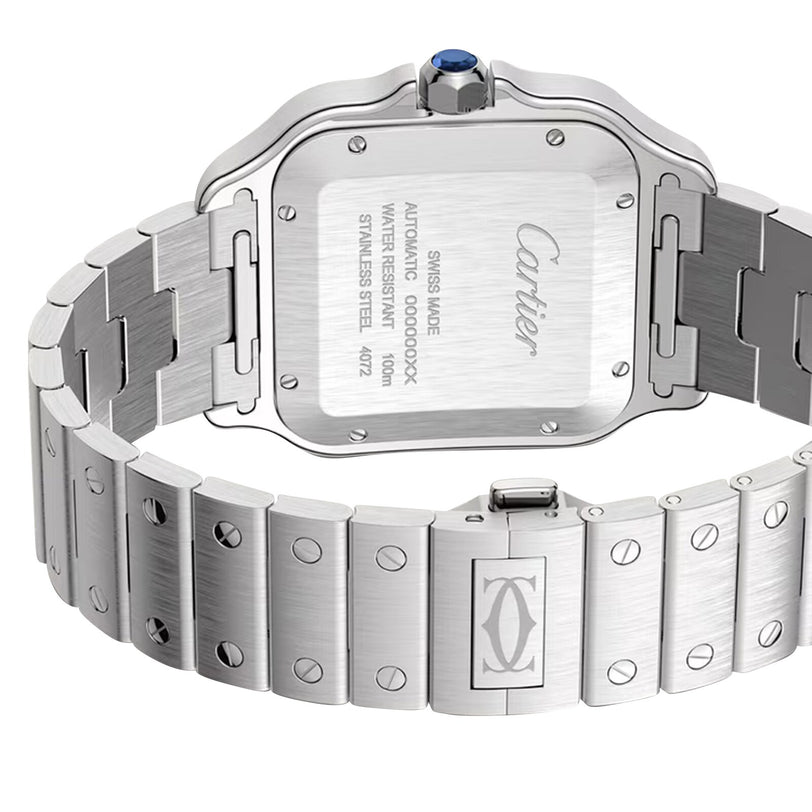 The Cartier Santos de Cartier wristwatch features a stainless steel case, engraved brand details on the back, and a linked metal bracelet with screw accents, showcasing minimalist design and refined automatic movement.