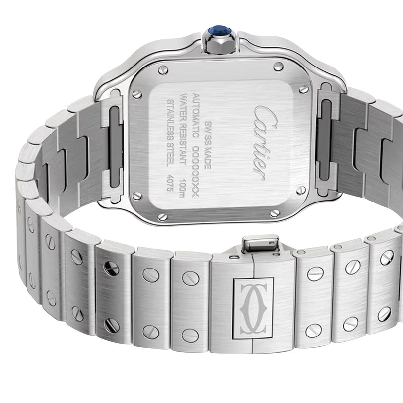 Back view of the Cartier Santos de Cartier wristwatch highlights its engraved case back, automatic movement, stainless steel bracelet, and clasp with the Cartier logo—an elegant expression of minimalist design.