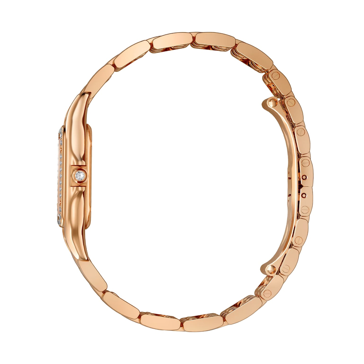 Side view of the Panthère de Cartier Small Model by Cartier, featuring an 18K rose gold linked bracelet and a round crown set with a gem.
